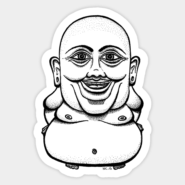 Happy Buddha - Black Sticker by The Soul Creative